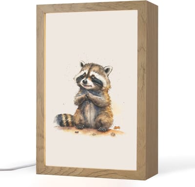 Nachtlampje 20x30 cm - Kinder lampje - Wasbeer - Waterverf - Kleuren - Dieren - Kids - Tafellamp kinderkamer - Slaapkamer lamp - Bedlamp kinderen - Kinderlampje stopcontact - Wandlamp babykamer - Nachtlampjes