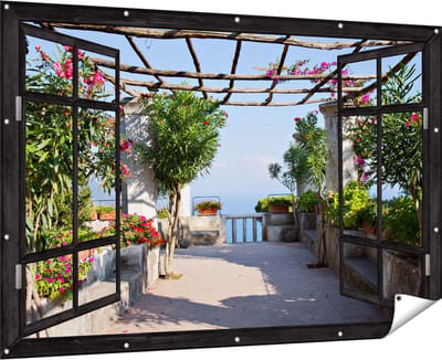 Gards Tuinposter Doorkijk Terras - 180x120 cm - Tuindoek - Tuindecoratie - Wanddecoratie buiten - Tuinschilderij