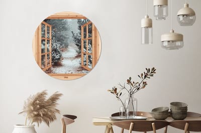 WallCircle - Wandcirkel - Muurcirkel - Bos - Winter - Bomen - Natuur - Pad - Doorkijk - Aluminium - Dibond - 90x90 cm - Binnen en Buiten