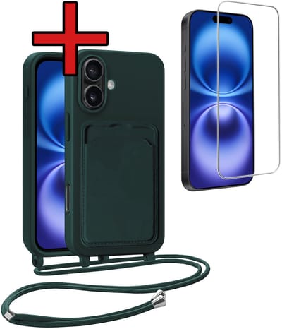 Hoesje Geschikt voor iPhone 16 Plus Hoesje Met Telefoonkoord en Pasjeshouder Met Screenprotector Siliconen - Hoes Geschikt voor iPhone 16 Plus Hoesje Met Kaarthouder Case - Donkergroen