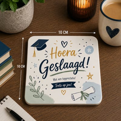 Hoera Geslaagd Onderzetter 10x10 cm – Diploma Cadeau – Geslaagd Cadeautje met Afstudeerhoed