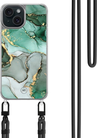 Hoesje met koord geschikt voor iPhone 14 - Marble Design - Inclusief zwart koord - Crossbody beschermhoes - Transparant, Grijs, Groen - Mooie Telefoonhoesjes