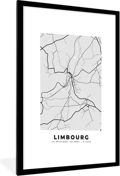 Fotolijst incl. Poster Zwart Wit- Stadskaart – Zwart Wit - Kaart – Limbourg – België – Plattegrond - 60x90 cm - Posterlijst