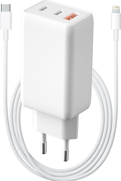 Oplader 65w 3 poorten 1m geschikt voor iPhone 14 13 12 11 X 8 7 SE - Lightning naar usb C