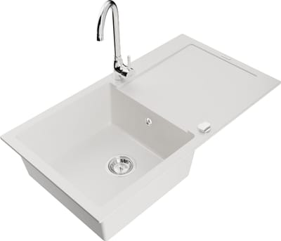 Mexen Leo granieten spoelbak met 1 bak, afdruiprek en keukenmengkraan Telma, wit - 6501-20-670200-00