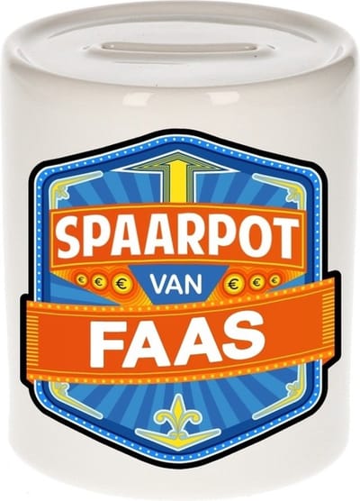 Bellatio Decorations Kinder spaarpot met naam - Faas - keramiek - met dop - wit - Sparen - Spaargeld van Faas