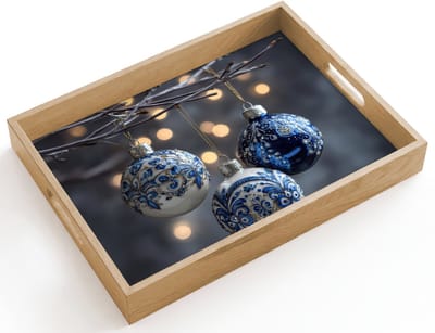 Dienblad hout 40x30 cm - Schootdienblad - Kerstbal - Versierd - Blauw - Borrelplank rechthoek - Plateau dienbladen