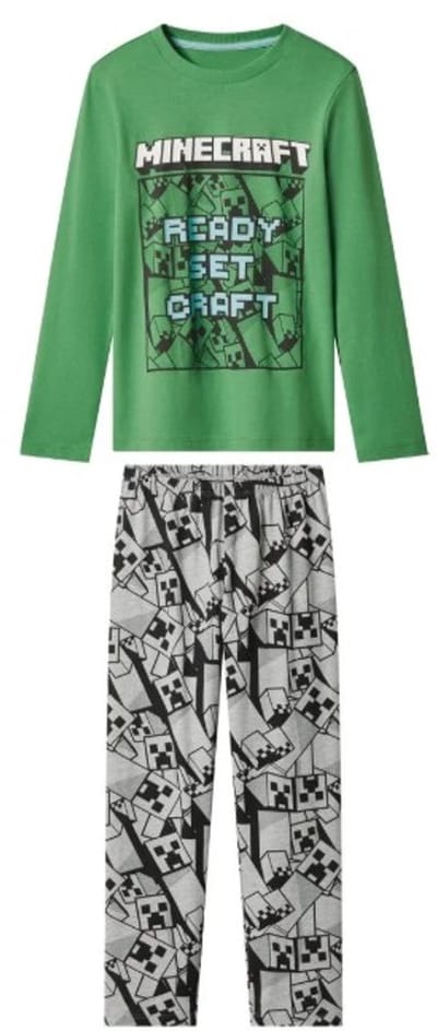 minecraft pyjama - Pyjama Kinderen - minecraft - groen/grijs - Maat 146/152 - katoen - lange mouw