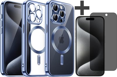 Hoesje met Privacy Screenprotector Geschikt voor iphone 15 Pro Max Hoesje - Geschikt voor MagSafe - Arara siliconen Backcover - Blauw