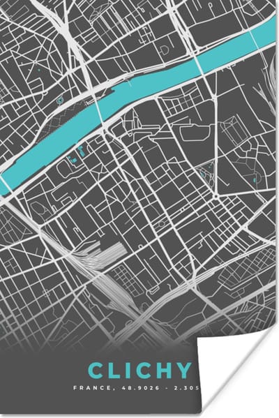 Poster Kaart - Stadskaart - Plattegrond - Frankrijk - Clichy - 120x180 cm XXL