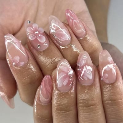 SnelShoppen - 24 Stuks Druk-Nagels Franse Valse Nagels 3D Bloemen & Parels, Roze Middelmatige Valse Nagels, Amandel Druk-Nagels voor Feest en Dagelijk