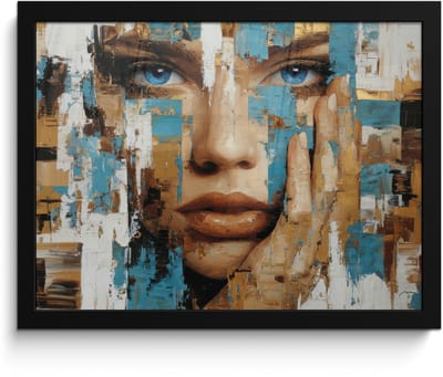 Poster in lijst - Fotolijst 40x30 cm - Posters - Abstract - Penseelstreken - Blauw - Gezicht - Posterlijst zwart - Decoratie - Wanddecoratie woonkamer - Muurdecoratie slaapkamer