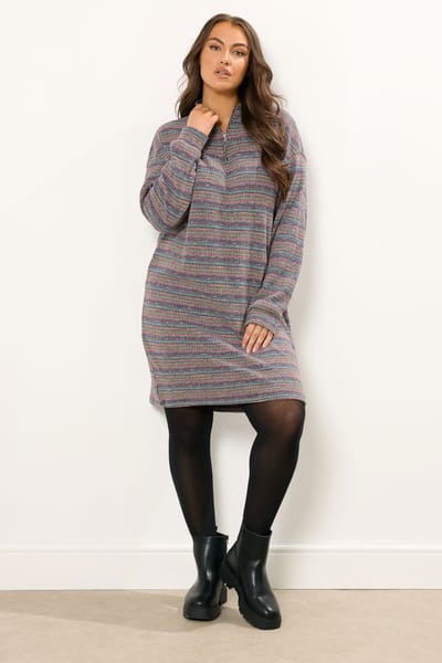 Yours Blauwe Geribbelde Kwart Rits Jumper Jurk Size 46