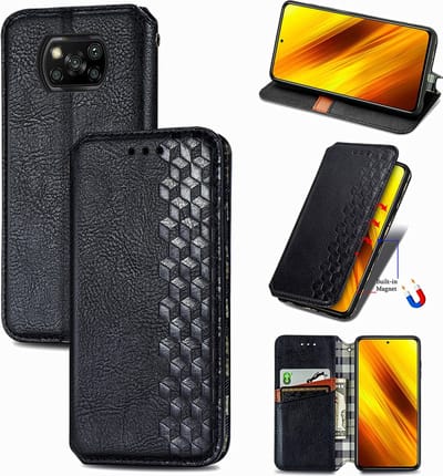 Luxe PU Lederen Ruitpatroon Wallet Case + PMMA Screenprotector voor Xiaomi Poco X3 / X3 Pro / X3 NFC _ Zwart