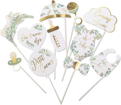 ARTYFETES - Photobooth Kit 11 Accessoires Oh Baby Eucalyptus Goudfolie en Goud voor Babyborrel