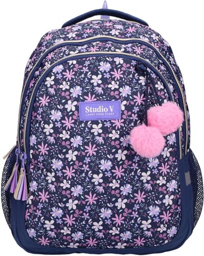 Studio V Flower Bomb Rugzak - Schooltas meisjes - 34,8 liter - 44 x 33 x 24 cm - Polyester - Blauw