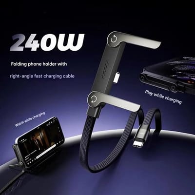 USB-C kabel met ingebouwde telefoonhouder/standaard – ideaal om je telefoon neer te zetten tijdens het opladen (240W PD 3.1).