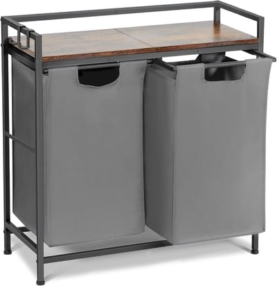 Wasmand met 2 Vakken - 92 Liter - Industrieel Wastsysteem met Houten Plank & Metaal Frame - Uitschuifbaar & Op Wielen - Wasmand voor Badkamer & Slaapkamer - 73x30x74 cm