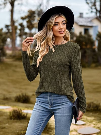 ASTRADAVI Casual Chic - Frayed Stripe Dames Blouse - Stijlvolle Top met Ronde Hals - Legergroen / 2X-Large