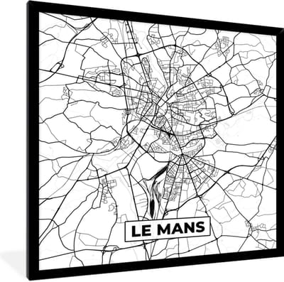 Fotolijst incl. Poster Zwart Wit- Stadskaart - Le Mans - Plattegrond - Kaart - Frankrijk - Zwart wit - 40x40 cm - Posterlijst