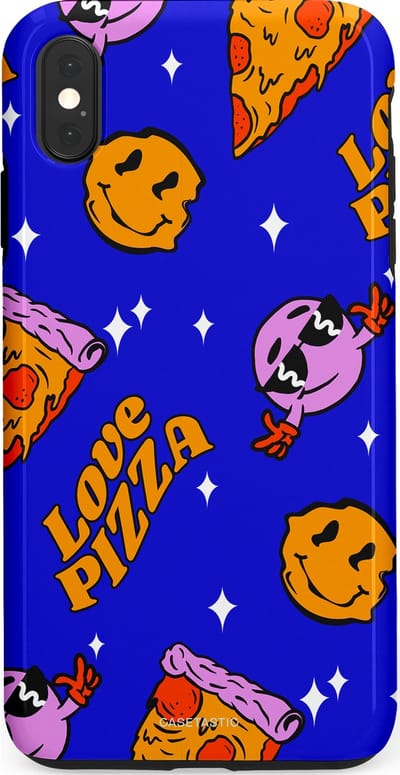 Casetastic hoesje geschikt voor Apple iPhone XS Max - Dubbellaagse bescherming - Funky Pizza - Fashion Case - Paars Okergeel Donkerblauw Bruin