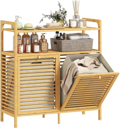 HOMCOM Wasmandkast Bamboe, Polyester 82L x 33B x 88H cm Natuurlijk hout