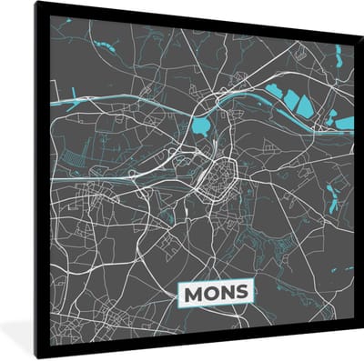 Fotolijst incl. Poster - België – Mons – Stadskaart – Kaart – Blauw – Plattegrond - 40x40 cm - Posterlijst