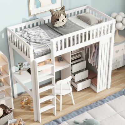 VVBV Hoogslaper 90x200 Cm - Kinderbedden Met Bureau, Kast En 3 Laden - Veiligheid Met Leuning En Trap - Grenenhout - Wit
