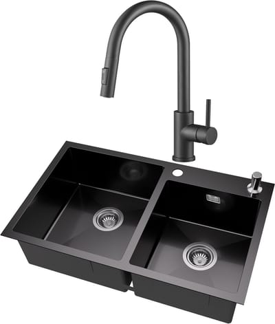 Auralum MAX Dubbele Spoelbak voor keuken 75x45cm Antraciet - Spoelbak Keuken Met Keukenkraan met Uittrekbare uitloop - Roestvrij staal - Wasbak met waterafvoersysteem - Met zeepdispenser 300ml