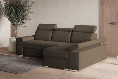 Hoekbank L met slaapfunctie, verstelbare hoofdsteunen & bedlade – Moderne slaapbank met opbergruimte – Hoekbank Luka L – Bruin (Twist 06) – Rechts