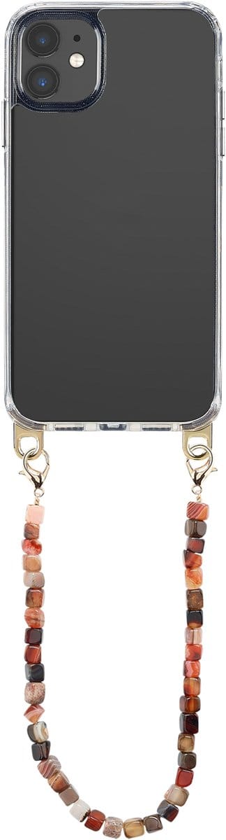 Selencia Transparant Hoesje met Haakjes inclusief Natuurstenen Polskoord - Geschikt voor Apple iPhone 11 - Earth Tones