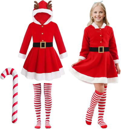 Kerstkostuum voor Dames en Meisjes, Fluwelen Santa Claus Outfit met Ceintuur en Kap voor Feestelijke Cosplay en Kerstviering