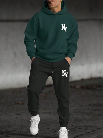 Stijlvolle en Comfortabele NY Hoodie en Joggingbroek Set voor Mannen in Donkergroen en zwart - Maat 2XL-3XL - Perfect voor Urban Streetwear en Casual Dagen