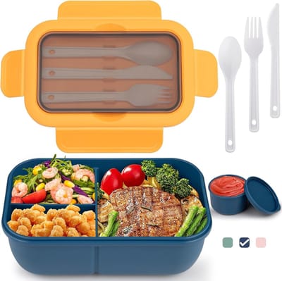 PromoHome Bento Lunchbox - 3 Vakken Met Bestek, Lekdicht en Magnetronbestendig "Donkerblauw"