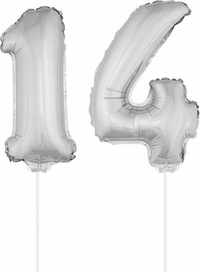 14 jaar leeftijd feestartikelen - versiering cijfers - ballonnen op stokje - van 41 cm - Combi van cijfer 14 - in het zilver