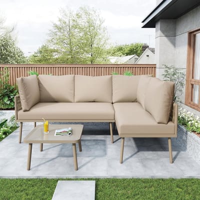 Loungeset Hoekbank 4-Delig 120x60x72 cm – L-vormige Tuinset met Tafel, IJzeren Frame, Glasplaat & Dikke Kussens – Khaki – Laura