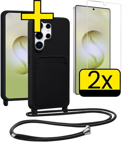 Hoesje Geschikt voor Samsung S26 Ultra Hoesje Met Koord Met 2x Screenprotector Siliconen Case - Hoes Geschikt voor Samsung Galaxy S26 Ultra Backcover Met Afneembaar Koord - Zwart