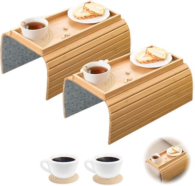 armleuning, bamboe bank, dienblad, bank, armleuningtafel met bekermatten, opvouwbaar, antislip, bank, armleuninghouder, plank voor snacks (2 stuks natuurlijk hout)