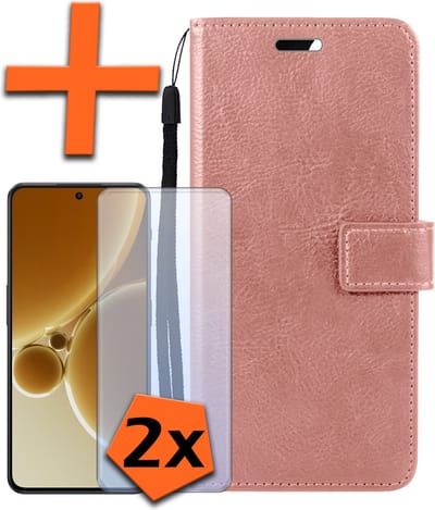 Hoes - Met 2x Screenprotector - Geschikt voor OnePlus Nord 3 - Luxe Pasjeshouder - Bookcase Portemonee - Flip Case - Kunstleer Book Case - Flipcase Hoes - Book Cover - Walletcase - PortemonneeHoes - Rosé goud