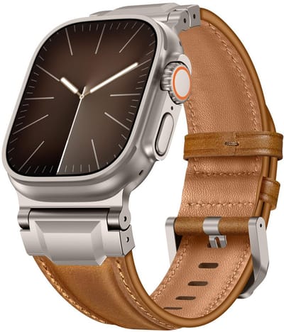 Luxe leren bandje - geschikt voor Apple Watch series 1/2/3/4/5/6/7/8/9/10/11/ SE (1,2,3) / Ultra (1,2,3) met maat 44 mm / 45 mm / 46 mm / 49 mm - nappa leer met titanium gesp - lichtbruin