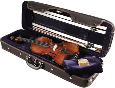 Leonardo LV-5012 viool set 1/2, massief, ebbenhouten fittings, zeer gevlamd esdoorn, incl. luxe koffer en strijksto