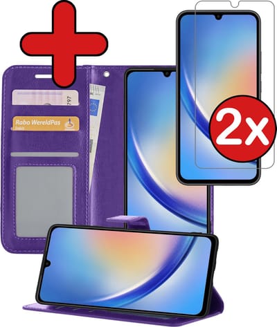 Hoesje - Met 2x Screenprotector - Geschikt voor Samsung Galaxy A34 - Luxe Pasjeshouder - Flip Case - Bookcase Portemonee - Kunstleer Book Case - Flipcase Hoes - Book Cover - Walletcase - Portemonneehoes - Telefoonhoes - Paars