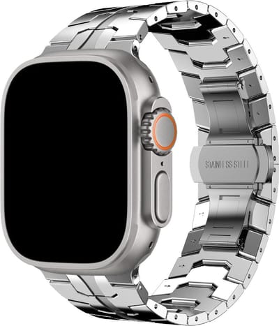 Stravo Premium RVS Schakelband met Vlindersluiting – Iron Style Metalen Horlogebandje – Geschikt voor Apple Watch 46mm (Series 10/11), 45mm (Series 7/8/9), 44mm (Series 4/5/6, SE 1/2/3), 49mm (Ultra 1/2/3) – Zilver