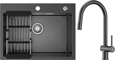 Sofetiy MAX Spoelbak Keuken 60x45cm - Spoelbakken Keuken Met Keuken Kraan Zwart - Spoelbak Keuken met Kraangat - Spoelbak met Afdruipgedeelte - Antraciet