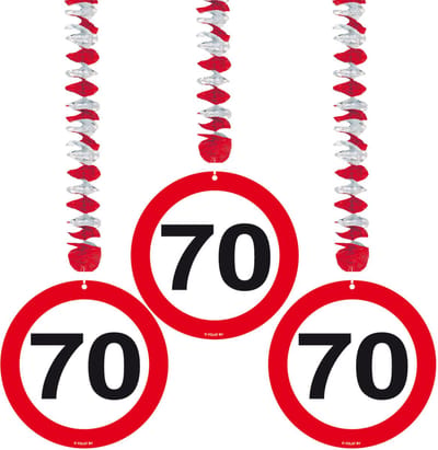 70 jaar verjaardag versiering rotorspiralen plafond - verkeersborden - 3x stuks - feestartikelen - papier
