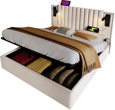 Wishdor Gestoffeerd Tweepersoonsbed 180 x 200 cm – Verstelbaar Hoofdbord met Leeslamp en USB-C – Opbergbox – Matte Siernagels – Katoenen Bekleding – Voorgemonteerde Lamp – Geschikt voor Slaapkamer – Katoen en Staal – Beige
