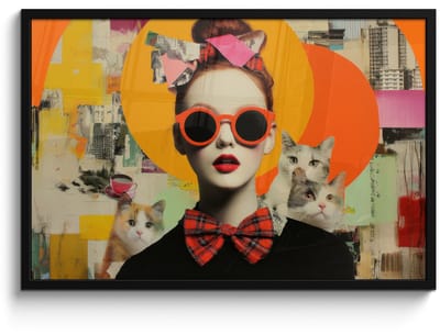 Poster in lijst - Fotolijst 90x60 cm - Posters - Vrouw - Bril - Strik - Retro - Posterlijst zwart - Decoratie - Wanddecoratie woonkamer - Muurdecoratie slaapkamer