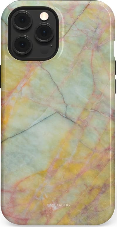 Casetastic hoesje geschikt voor Apple iPhone 12 Pro Max - MagSafe - Dubbellaagse bescherming - Zomer Marmer - Fashion Case - Mintgroen Geel