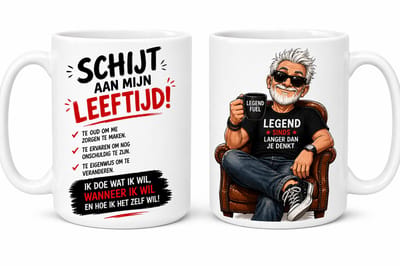 bedrukte Beker / mok met tekst en afbeelding - schijt aan mijn leeftijd