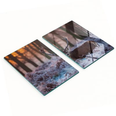 Set glazen panelen met afbeelding van een zonsopgang boven een hert, 2x40x52 cm